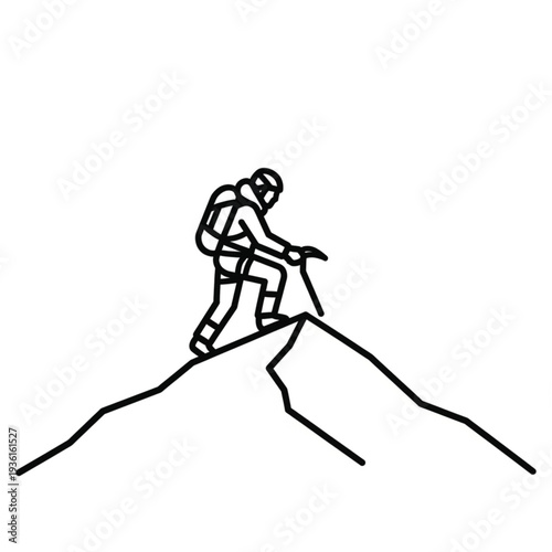 hiker climbing mountain peak adventurous traveler with backpack.