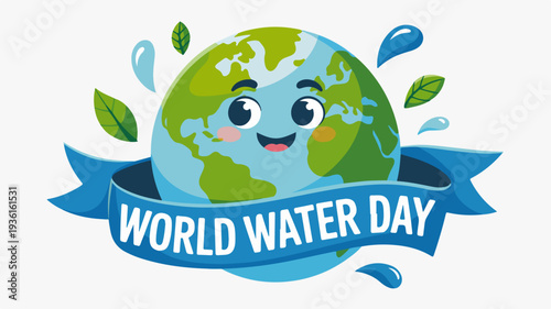 Vibrant cartoon globe with smiling face celebrates world water day with water droplets and leaves