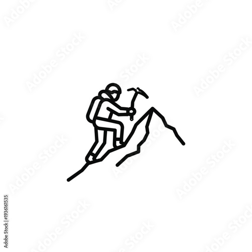 Climber ascending mountain peak with pickaxe.