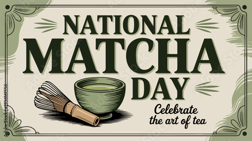 Vintage national matcha day poster with green tea bowl and whisk on decorative background