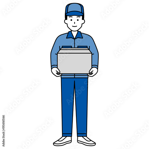 段ボール箱を持つつなぎ作業服の男性（全身）