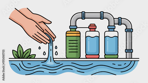 Water treatment and purification process with hand scooping clean water from a filtration system