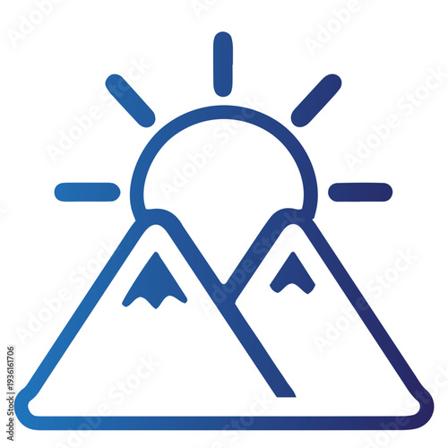 A stylized illustration of mountains under a radiant sun symbolizing adventure and exploration in a serene landscape