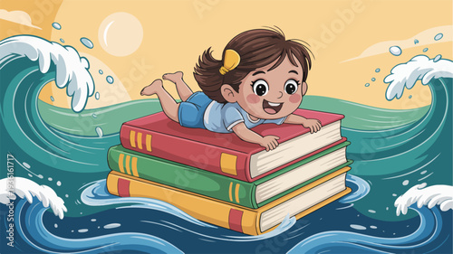 Happy child lying on stack of books in ocean waves symbolizing love for reading on world book day surrounded by water and sunshine