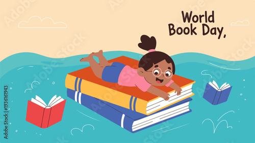 Happy little girl swims on stack of books in water on world book day with open books around her