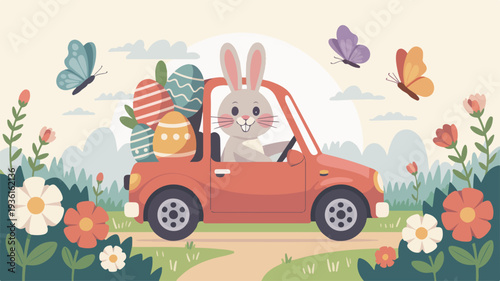 Happy bunny drives car with colorful gifts and flowers on a sunny day with butterflies