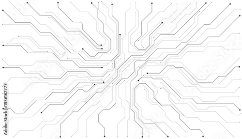 Digital circuit board background showcasing white electronic patterns. Vector tech design with semiconductor lines, motherboard elements, and modern circuitry composition. Digital vector illustration.