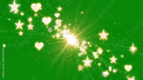 Radiant burst of shimmering golden stars and elegant hearts emanating from a brilliant central light on a vivid green backdrop, evoking celebration, joy, and abstract energy