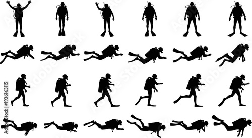 Set of scuba diver silhouettes in swimming and standing poses, black underwater diving human vector collection for marine sport, icon, and illustration use