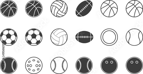 Set of sports ball icons including basketball, soccer, volleyball, football, tennis, and golf, black vector illustration isolated on white background, game equipment collection