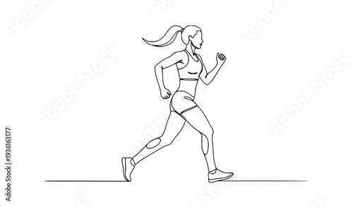 Continuous line art running woman vector illustration elegant female fitness isolated on white