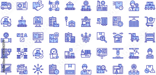 Manufacturing and Distribution purple style icons collection. Vector illustrations. Logistics, Project, Receiving, Supply chain, Raw materials, Manufacturing. Pro Vectors.	