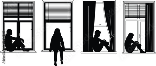 Silhouette of women sitting on window sills with blinds and curtains for loneliness, depression, isolation, waiting, domestic life, home, vector,