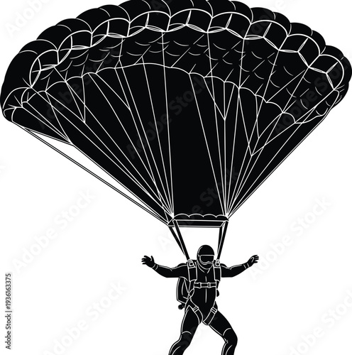 Skydiver silhouette with open parachute, extreme sports jumping in sky, paragliding athlete vector illustration, adrenaline skydiving flight on white background