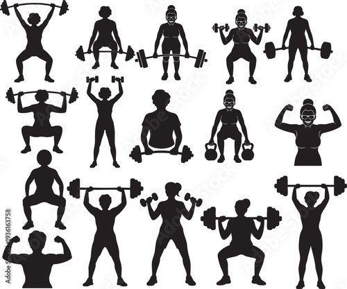 Elderly woman weightlifting silhouette set featuring various gym exercises with dumbbells and heavy barbells