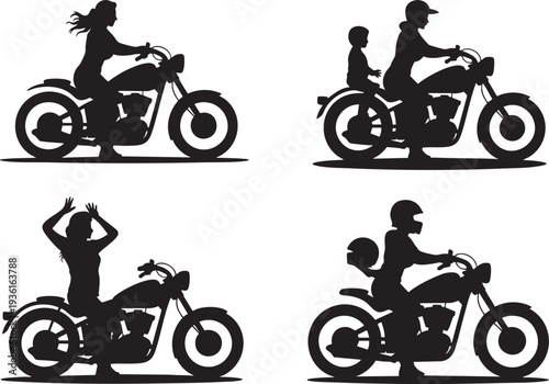 Female motorcycle rider silhouette set featuring woman biker with child and different riding poses on chopper