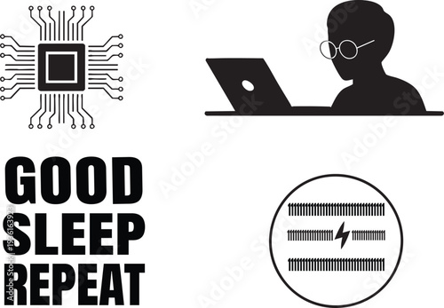 Good sleep repeat silhouette person sleeping laptop computer processor chip technology circuit board