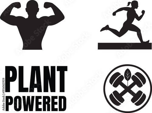 Plant powered fitness silhouettes of man and woman running and lifting weights