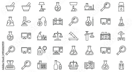 Line- drawn of laboratory and scientific equipment and digital tools