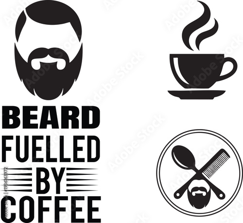 Beard fuelled by coffee silhouette man face coffee cup barber tools spoon comb vintage