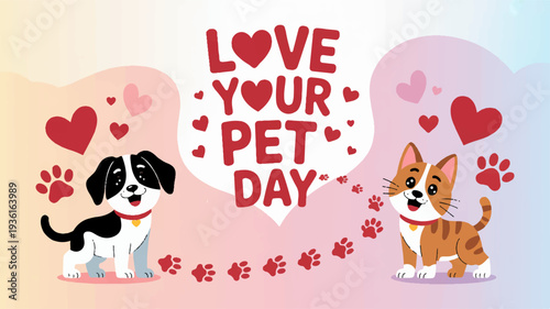 Cute dog and cat illustration for love your pet day with hearts and paw prints on colorful background