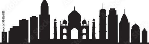 Taj Mahal and modern city skyline silhouette vector graphic illustration with transparent background