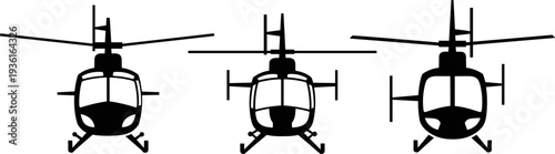 Set of Three Helicopter Silhouettes Showing the Front View with Rotor Blades, Representing Air Transport, Aviation, Rescue Services, Search and Rescue, and Modern Flight