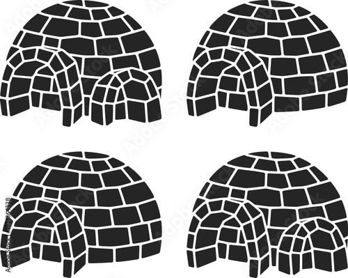 Set of traditional igloo silhouettes built from ice blocks, vector illustration of snow houses for winter, Arctic, Eskimo, and cold climate design