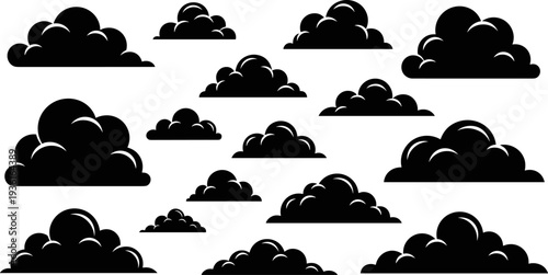 Set of various fruit vector icons, black silhouettes including apple, orange, banana, strawberry, pineapple, and grapes, healthy food and natural produce graphic design elements.