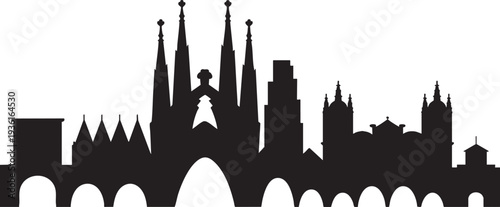 Barcelona skyline silhouette Sagrada Familia bridge architecture cityscape illustration
