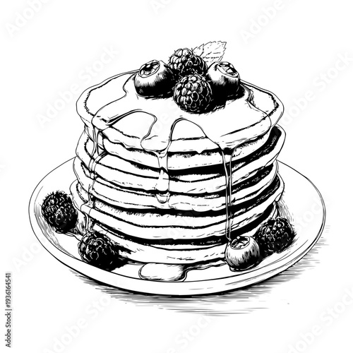 Hand drawing of a stack of delicious pancakes with blueberries and syrup, perfect for food blogs and recipe websites on Adobe Stock