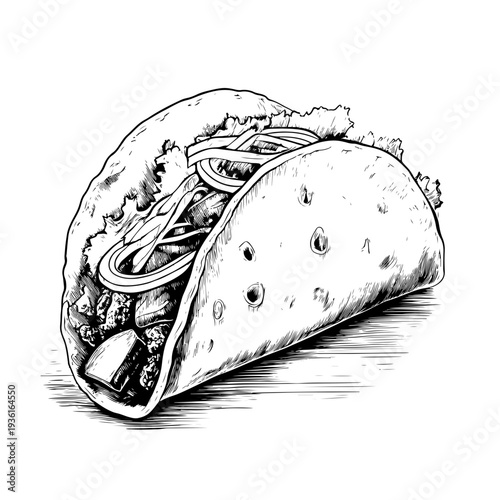 Hand-drawn illustration of a delicious taco, a popular American food staple. Ideal for menus, food blogs, and culinary designs, available on adobe stock