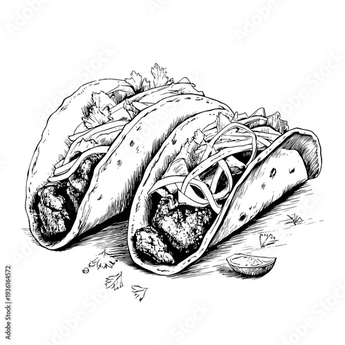 Hand-drawn illustration capturing the savory essence of authentic Mexican tacos, a beloved street food, ideal for diverse culinary projects on adobe stock