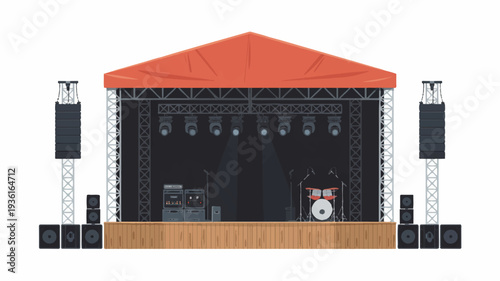 Outdoor music stage with red roof and sound equipment concert setup with speakers and lights on a wooden platform