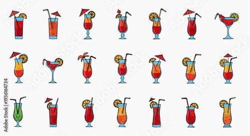 A collection of cocktail glasses with vibrant colors, each decorated with a straw and an umbrella