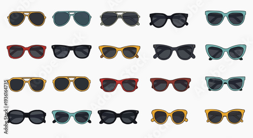 A collection of various sunglasses, each with its unique design and color, showcasing diversity in eyewear styles.