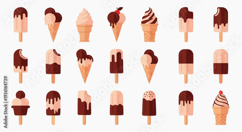 Variety of delicious ice cream cones and bars, with various flavors and toppings, offering a sweet indulgence