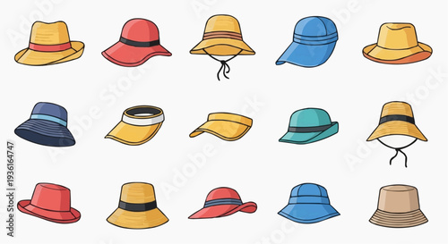 A variety of stylish hats with different designs, perfect for sunny days
