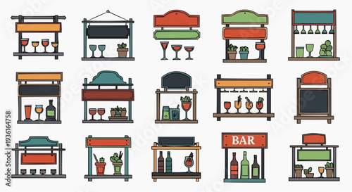 A collection of various stylized bar and restaurant signs. Each sign displays distinct design, perfect for visual projects