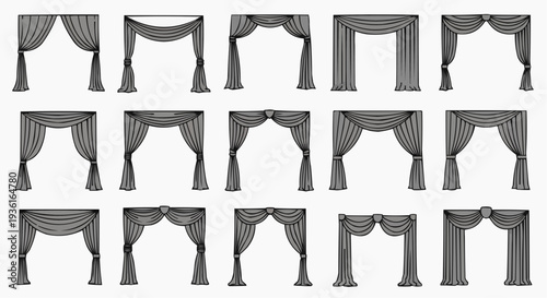 Variety of curtains in different designs, suitable for various interior settings. The curtains have diverse textures, folds, and hanging styles. 