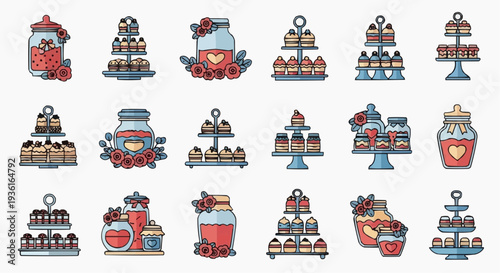 Collection of cute and delicious desserts, including cupcakes and jars with beautiful decorations