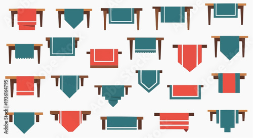 A collection of tables featuring different colored table cloths. The tables are arranged in a grid, showing a variety of designs and styles.