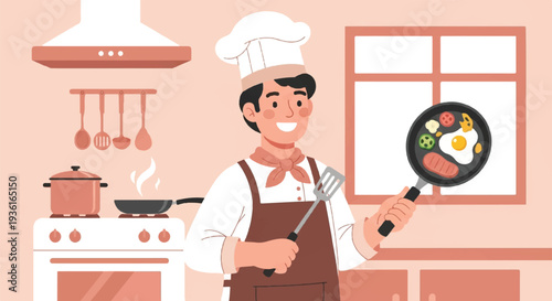 Cheerful chef preparing fresh breakfast scramble in warm kitchen amidst classic cookware