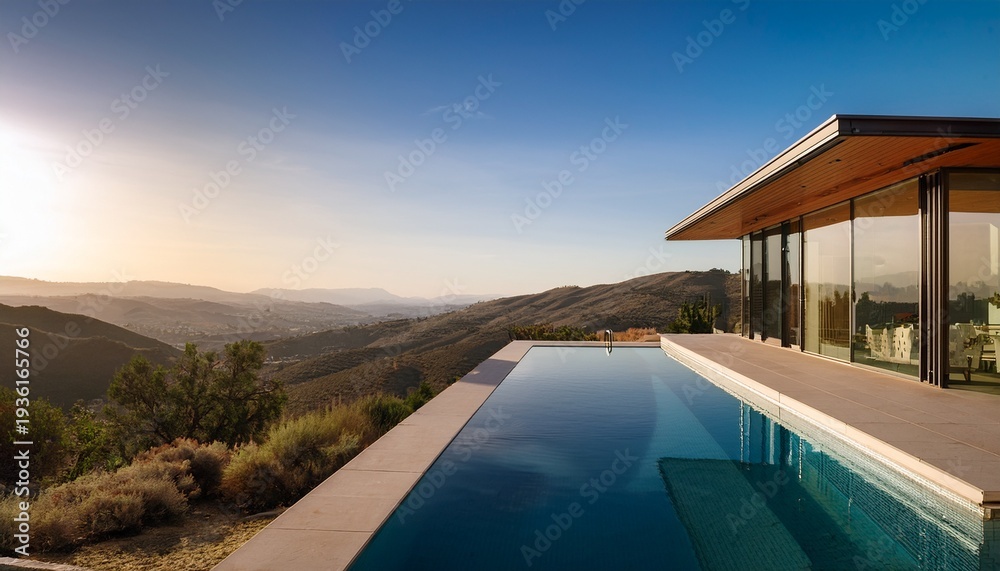 Fototapeta premium a luxurious modern villa in the hills of california with large glass windows a sleek minimalist facade and an infinity pool overlooking a scenic view