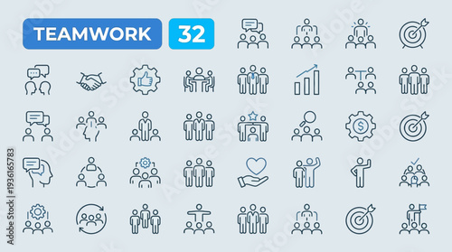 Collection of thirty-two simple line icons representing teamwork and collaboration concepts.