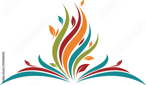 Abstract colorful flame vector illustration with organic leaf shapes and vibrant flowing curves emerging from an open book concept isolated on white background