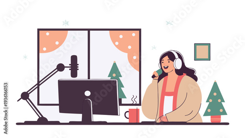 Female musician wearing headphones and singing into a microphone at her desk with a computer monitor and festive Christmas decorations in the background.