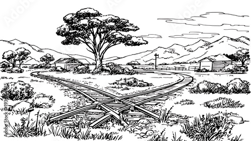 A drawing of a rural area with a tree in the middle of the scene