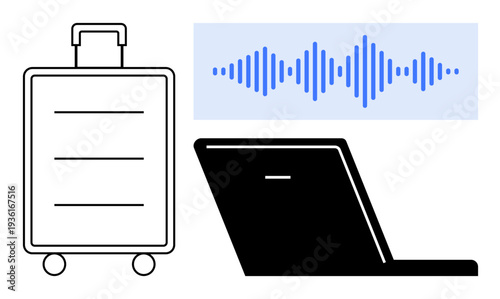 Travel technology concept. Travel tools with suitcase, laptop, and sound wave design for digital communication. Travel combined with tech innovation and smart systems. For tourism, remote work, tech