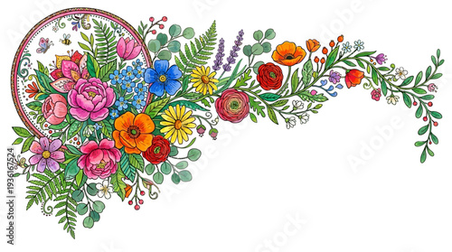 Vibrant Floral Embroidery Design with Colorful Flowers and Foliage.
